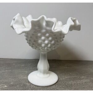 VTG White Milk Glass Hobnail Pedestal Ruffled‎ Candy Bowl Decorative Dish